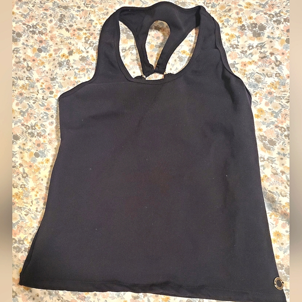 Black workout top with back cutout design